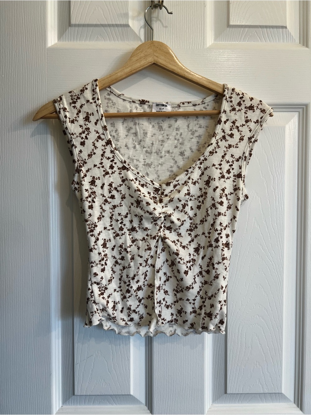 Cotton On Cream Ribbed V-Neck Tank with Brown Floral Print